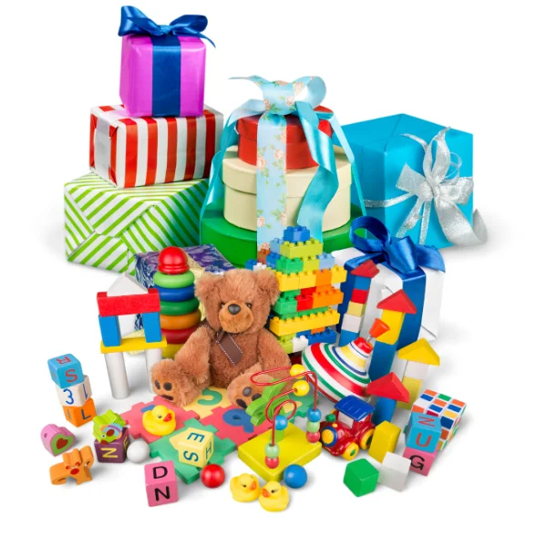 A collection of wrapped presents and children's toys arranged against a white background.